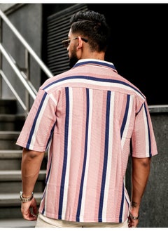 Maniac Mens Roman Stripes 3/4th Sleeve Pink HoneyComb Fabric Shirt  - Image 4