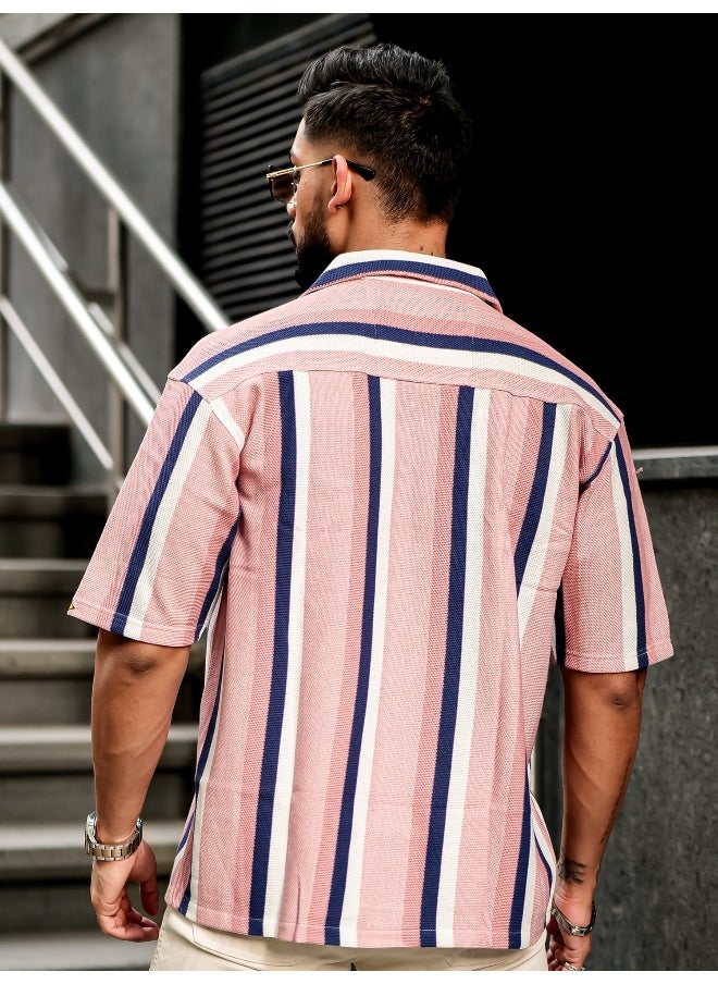 Maniac Mens Roman Stripes 3/4th Sleeve Pink HoneyComb Fabric Shirt  - Image 4