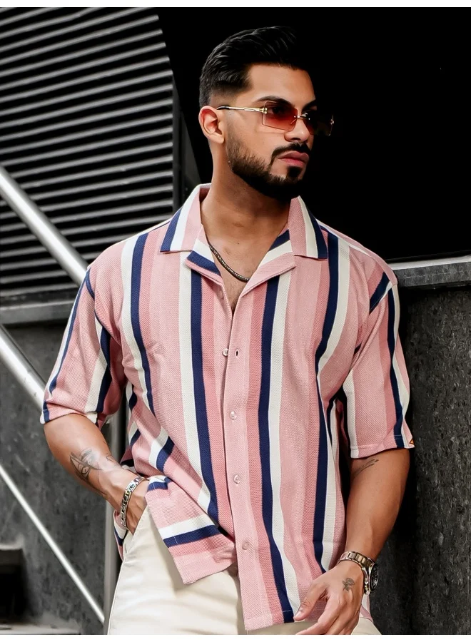 Maniac Mens Roman Stripes 3/4th Sleeve Pink HoneyComb Fabric Shirt