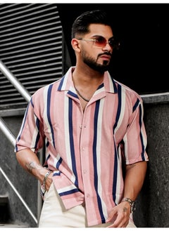 Maniac Mens Roman Stripes 3/4th Sleeve Pink HoneyComb Fabric Shirt  - Image 3