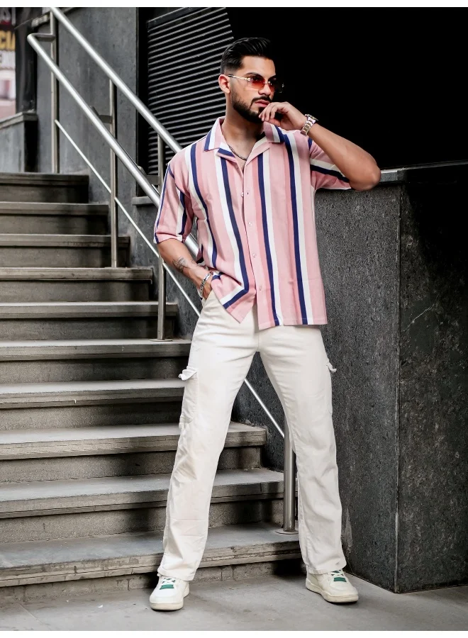 Maniac Mens Roman Stripes 3/4th Sleeve Pink HoneyComb Fabric Shirt