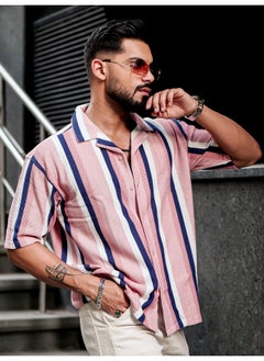 Maniac Mens Roman Stripes 3/4th Sleeve Pink HoneyComb Fabric Shirt  - Image 2