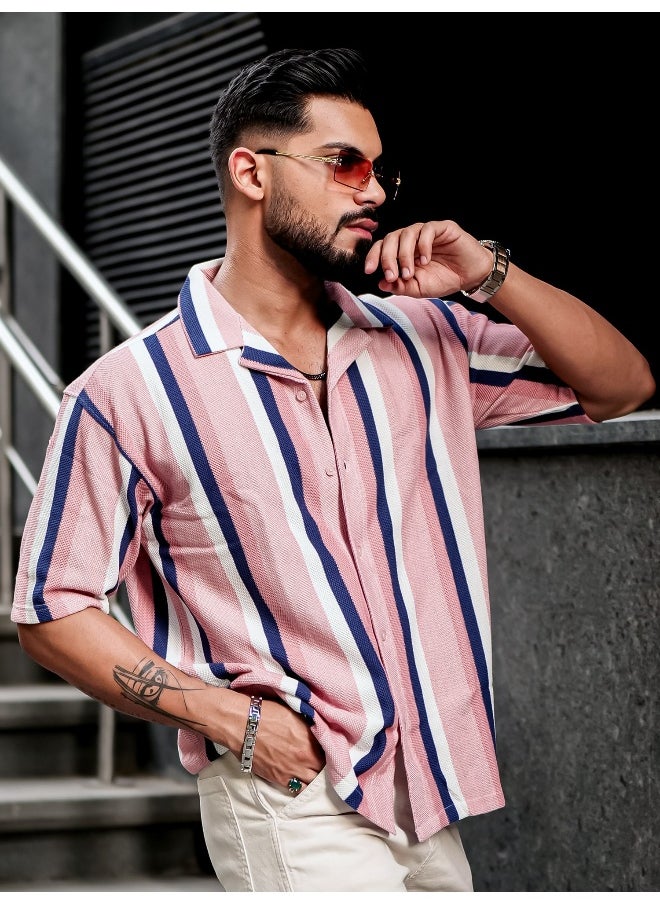 Maniac Mens Roman Stripes 3/4th Sleeve Pink HoneyComb Fabric Shirt  - Image 2