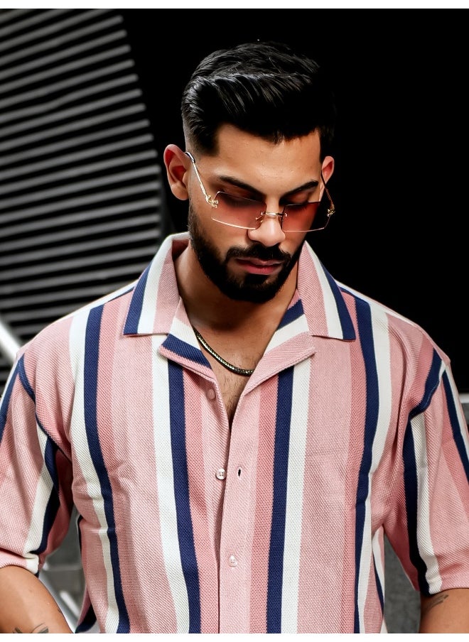 Maniac Mens Roman Stripes 3/4th Sleeve Pink HoneyComb Fabric Shirt  - Image 1