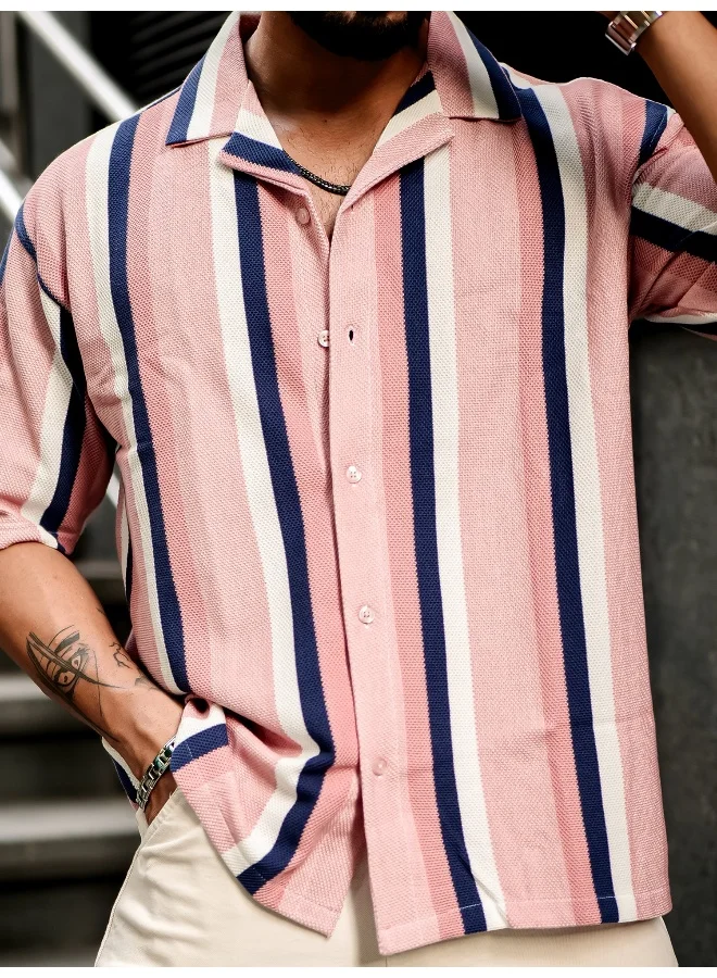 Maniac Mens Roman Stripes 3/4th Sleeve Pink HoneyComb Fabric Shirt