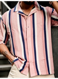 Maniac Mens Roman Stripes 3/4th Sleeve Pink HoneyComb Fabric Shirt  - Image 5