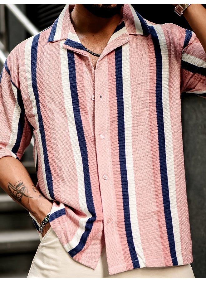 Maniac Mens Roman Stripes 3/4th Sleeve Pink HoneyComb Fabric Shirt  - Image 5