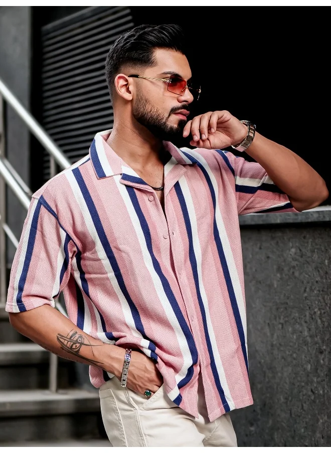 مانياك Mens Roman Stripes 3/4th Sleeve Pink HoneyComb Fabric Shirt