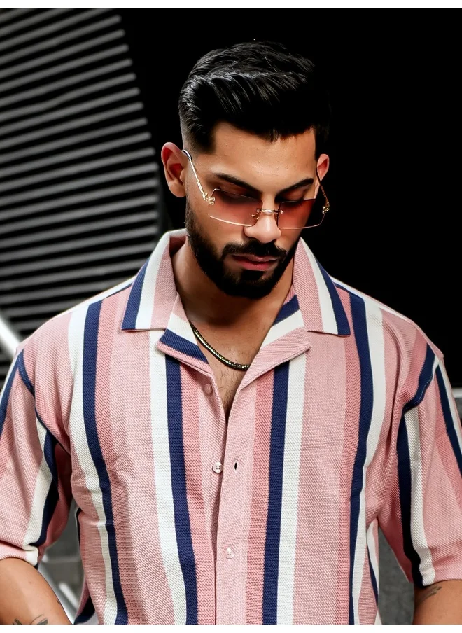 مانياك Mens Roman Stripes 3/4th Sleeve Pink HoneyComb Fabric Shirt