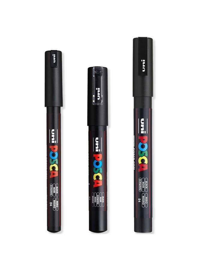 POSCA مجموعة أقلام ماركر بوسكا - من فائق الدقة إلى الدقة - PC-1MR، PC-1M، PC-3M - حبر أسود - عبوة من 3 - Image 1