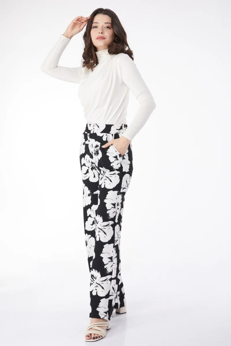 Tofisa Plain Cowl Collar Women's White Patterned Trousers - 25116