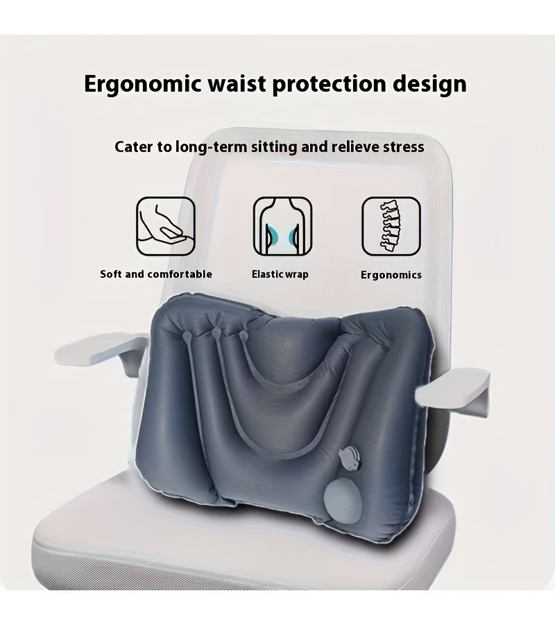 1pc Travel Lumbar Pillow Press Inflatable Back Support Pad Posture Corrector Small Portable For Airplane Seat Grey - Image 4