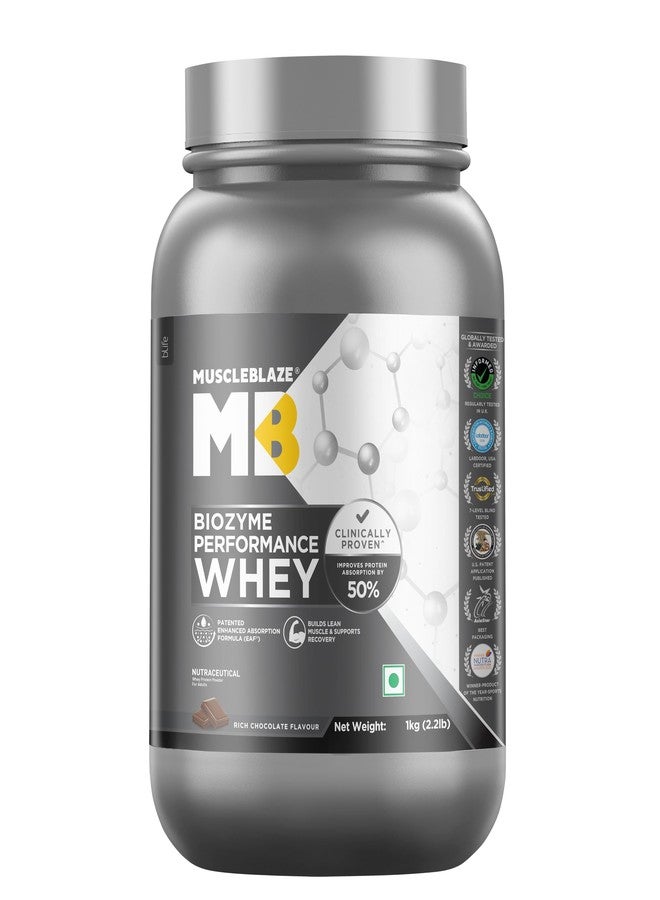 MuscleBlaze Biozyme Performance Whey Protein Powder, Rich Chocolate (1kg / 2.2lbs) | 25g Protein Per Scoop | Clinically Tested 50% Higher Protein Absorption - Image 1