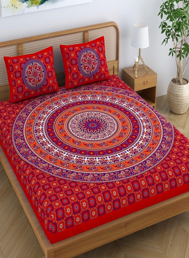 SheetKart Elephant Mandala 144 TC 100% Cotton Double King Size Bedsheet with 2 Pillow Covers, Red - Image 1