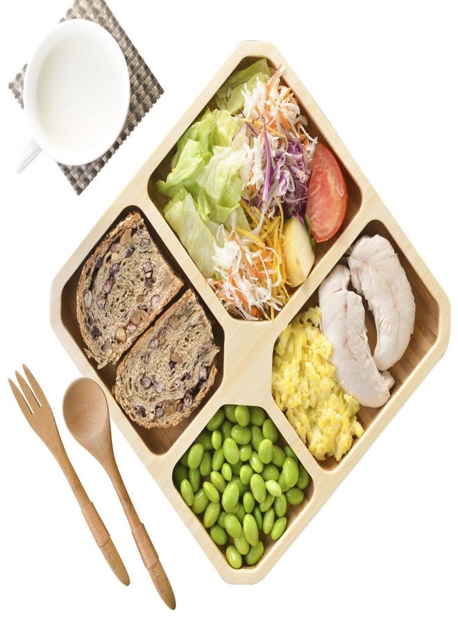 laboos Bamboo Portion Control Plate – 4-Compartment Divided Bento Tray for Balanced Eating, Portion Control & Meal Prep – Square Wooden Dinner Plate for Adults & Kids - Image 1