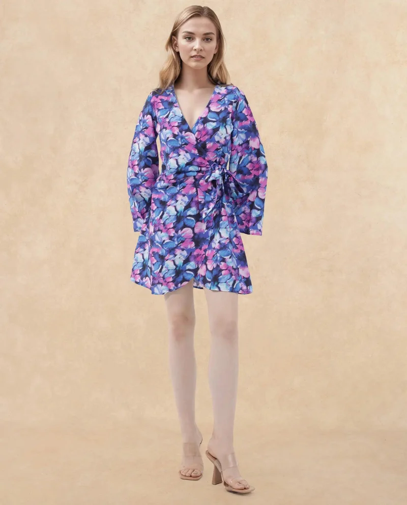 Rareism Women's Floral Print Overlap Tie-Up Dress