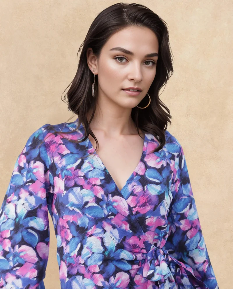 Rareism Women's Floral Print Overlap Tie-Up Dress