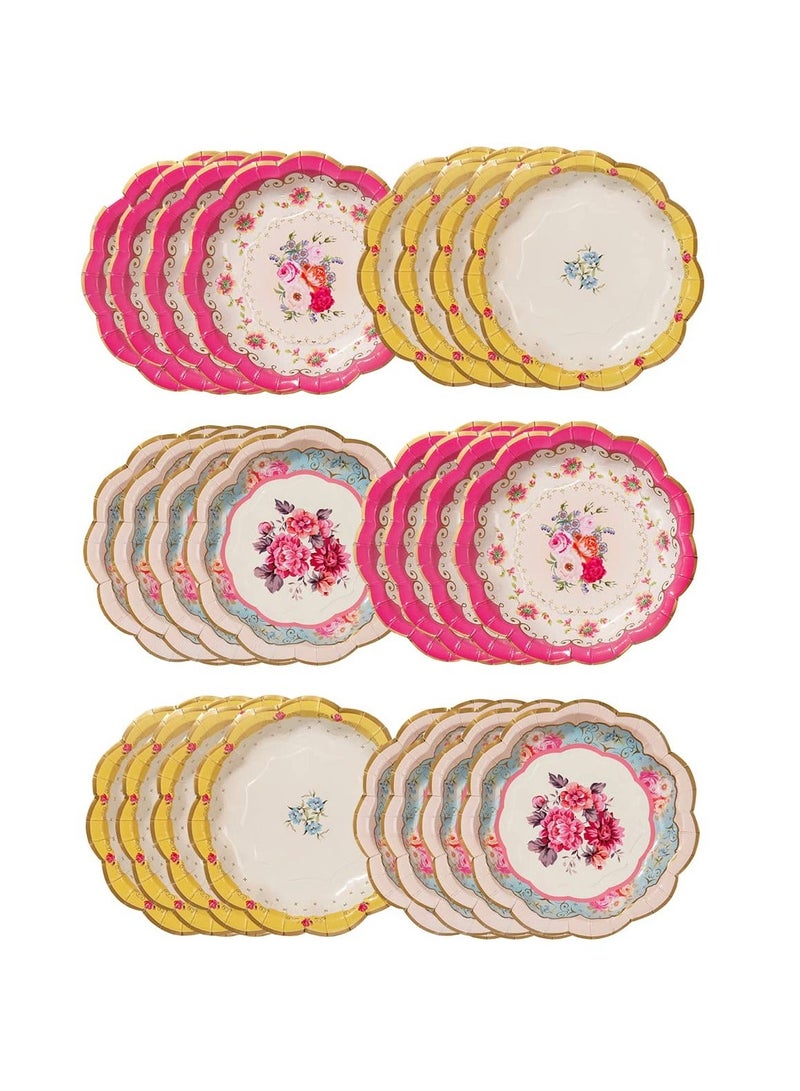 XiuWoo Vintage Floral Afternoon Tea Party Plates Disposable Tableware for Birthday, Garden Party, Baby Shower, Wedding, Anniversary Pack of 24 (17cm), Pink - Image 1