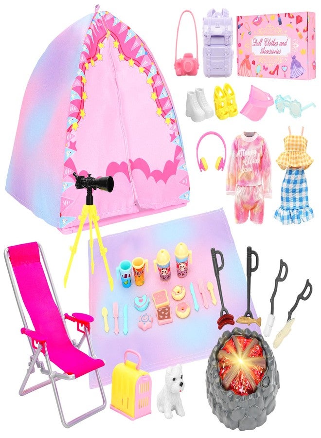 BARWA 35 Pcs Travel Camping Tent Set Include Doll Tent Casual Dress, Outfits, Campfire with Light, Telescope, Backpack, Placemat, Chair, Toy Dog Camping Playset for 11.5 Inch Girl Dolls for Kid - Image 1