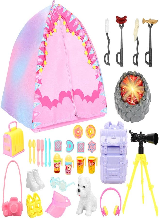BARWA 35 Pcs Travel Camping Tent Set Include Doll Tent Casual Dress, Outfits, Campfire with Light, Telescope, Backpack, Placemat, Chair, Toy Dog Camping Playset for 11.5 Inch Girl Dolls for Kid - Image 2