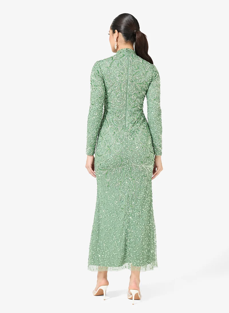 MARYISA Embellished Sequin Modest Long Sleeve Maxi Dress
