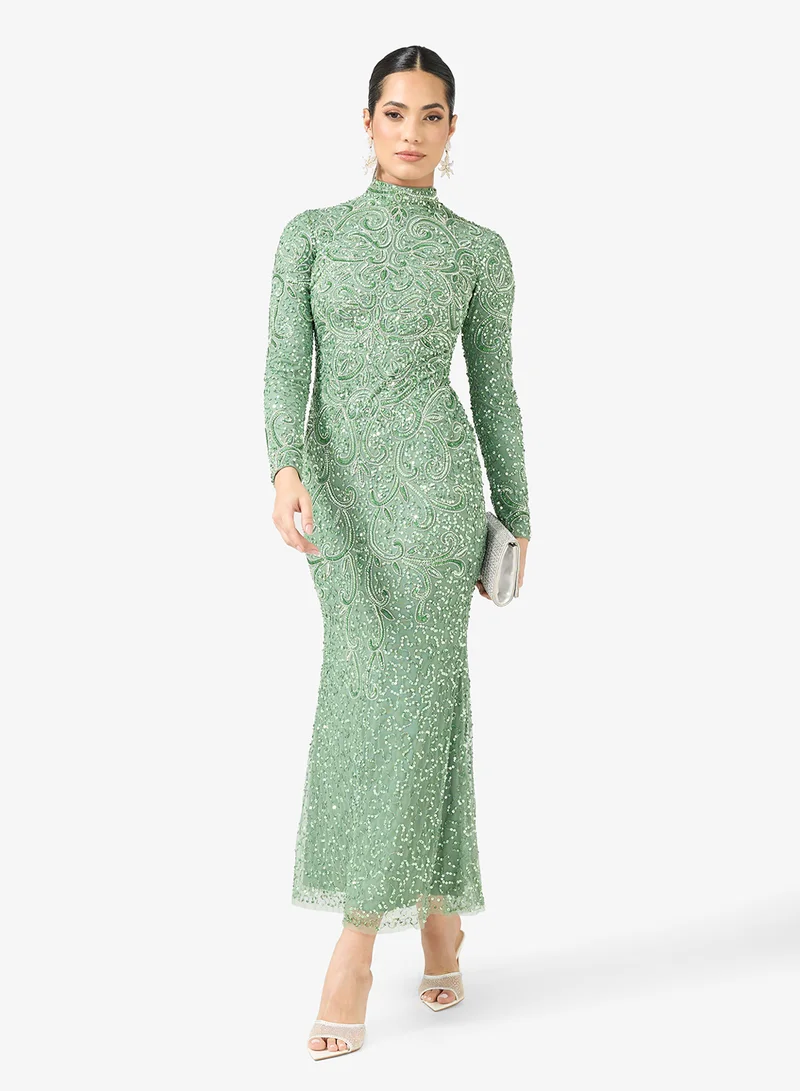 Embellished Sequin Modest Long Sleeve Maxi Dress