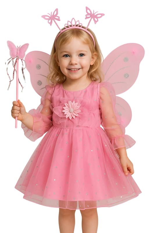 Krystle Kids Butterfly Fairy Dress Costume with Wings, Wand & Headband – Party Outfit for Girls (Pink,2-3 Years) - Image 5