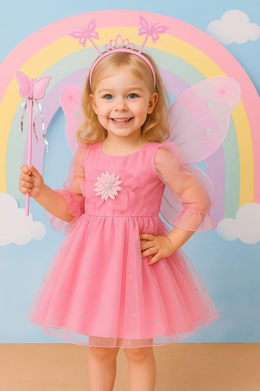 Krystle Kids Butterfly Fairy Dress Costume with Wings, Wand & Headband – Party Outfit for Girls (Pink,2-3 Years) - Image 3
