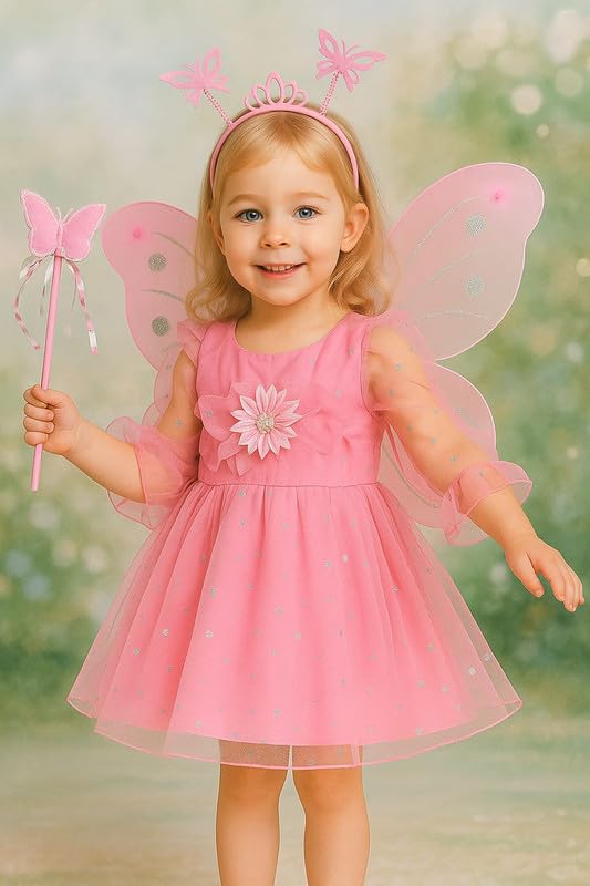 Krystle Kids Butterfly Fairy Dress Costume with Wings, Wand & Headband – Party Outfit for Girls (Pink,2-3 Years) - Image 2