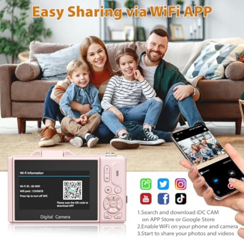 4K Digital Camera for YouTube vlogging, 64MP compact camera with WiFi, 3 180 flip screen, 18X digital zoom, pink aluminum body, includes 2 batteries 32GB microSD - Image 3