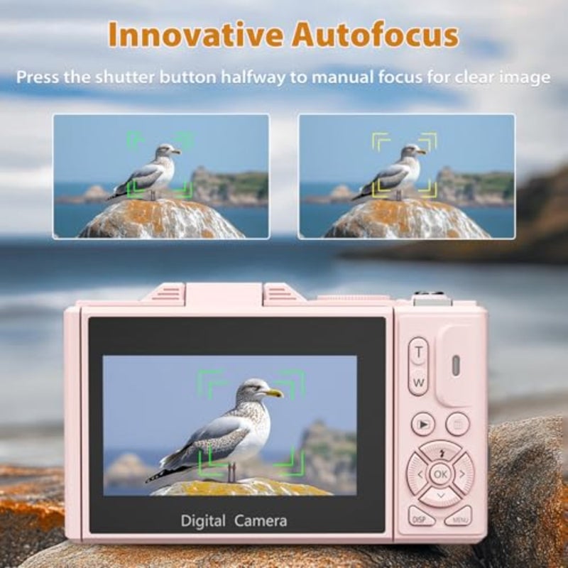 4K Digital Camera for YouTube vlogging, 64MP compact camera with WiFi, 3 180 flip screen, 18X digital zoom, pink aluminum body, includes 2 batteries 32GB microSD - Image 5