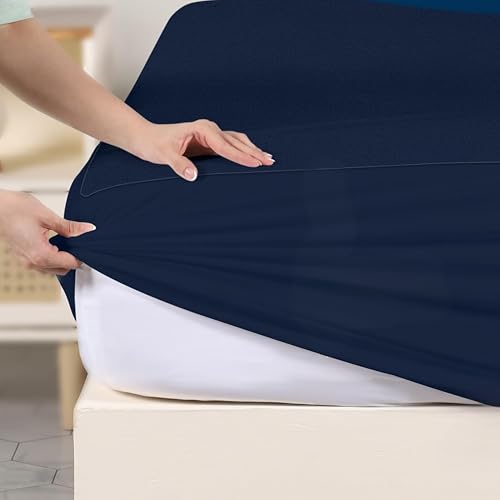 9villa 100% Waterproof Premium Cotton Feel Mattress Protector King Size | Ultra Soft Breathable & Hypoallergenic Fitted Bed Protector Terry Cover | Fits Upto 10 Inches (Navy Blue, 72 x 78 (6x6.5 Feet) - Image 1