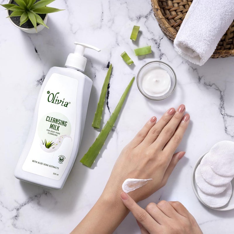 Olivia Cleansing Milk For Deep Pore Cleansing Removes Dirt Pollutants Effective Makeup Remover Moisturizing Cleanser with Aloe Vera Extracts For All Skin Types 500ml - Image 3