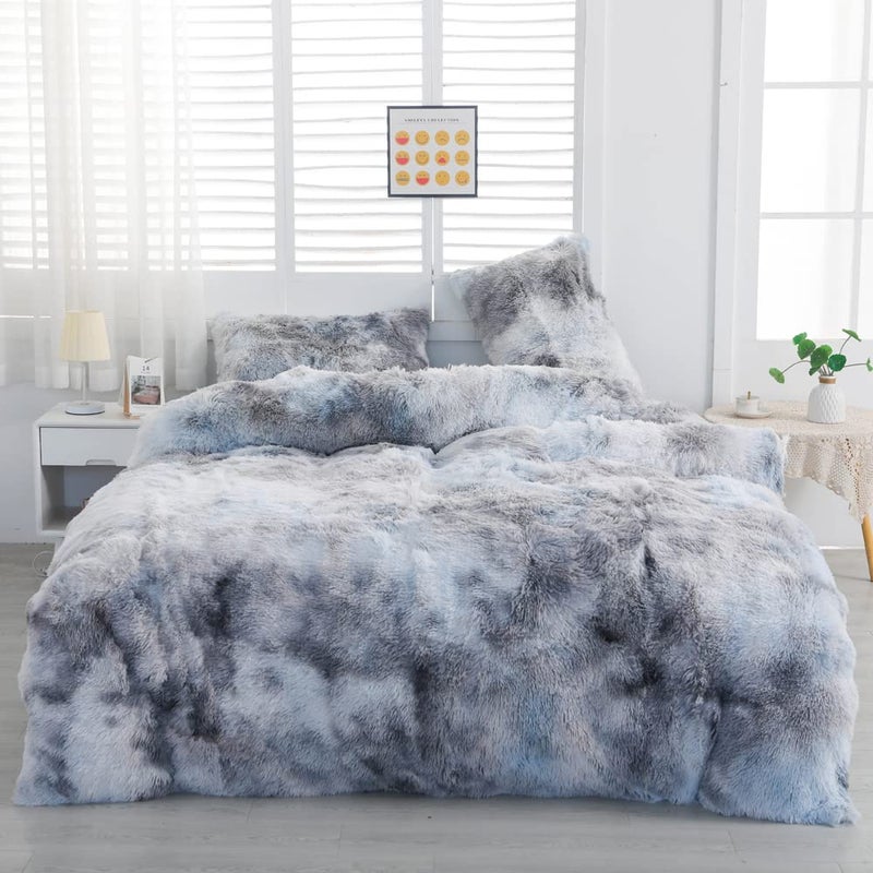 chovy Faux Fur TieDyed Black White Gray Colorful Comforter Sets King  3PC Bed Set Ultra Soft Plush Flannel Velvet Fluffy Fuzzy BeddingComforter x 1 Pillowcases x 2