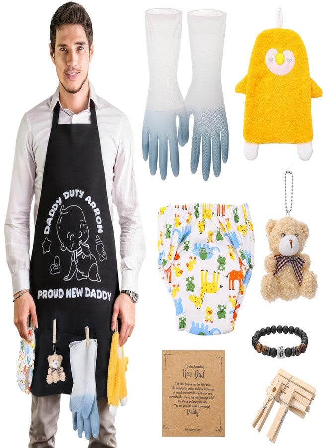 XLSXEXCL New Daddy Apron with Pockets, Dad to be Gag Gift, Baby Shower Gifts for Men, DADDY DUTY APRON, Bracelet, Hand Towels, Plush Toy Keychain, Diaper, Waterproof Gloves, 6pcs Wooden Clothespin - Image 1