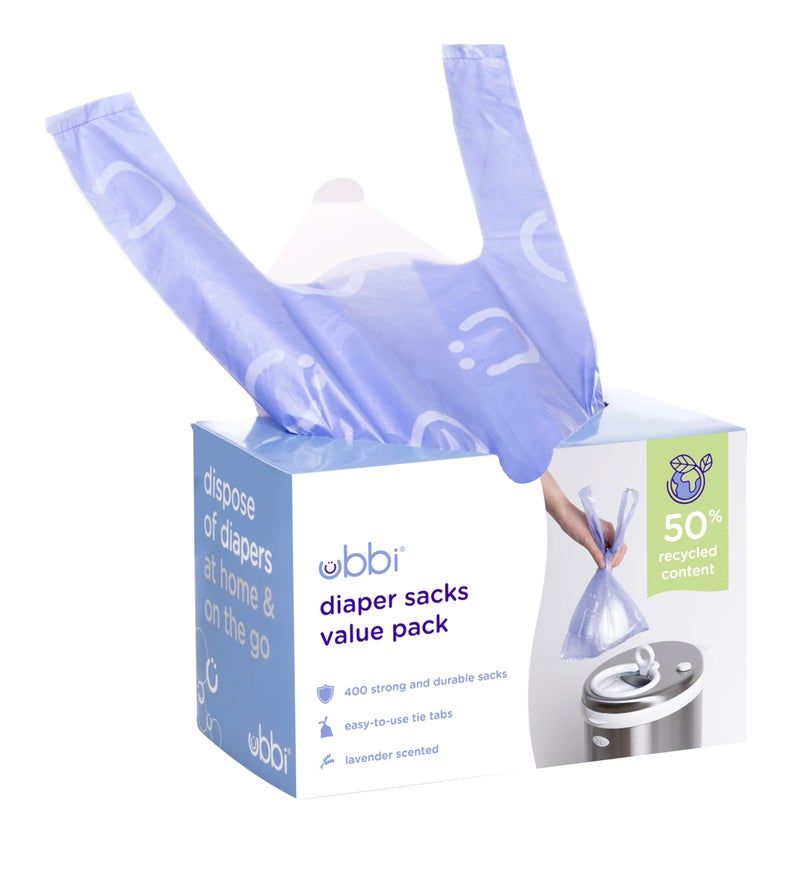 Ubbi Disposable Nappy Sacks Lavender Scented EasyToTie Tabs Baby Diaper Disposal or Pet Waste Bags Value Pack 400 Count