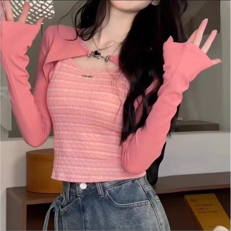 plus size Sweet Long-sleeved Sling T-shirt Womens Autumn Tight Waist Slimming Short Top chubby girl Solid Color Two-piece T-shirt Pink, good quality, no pilling