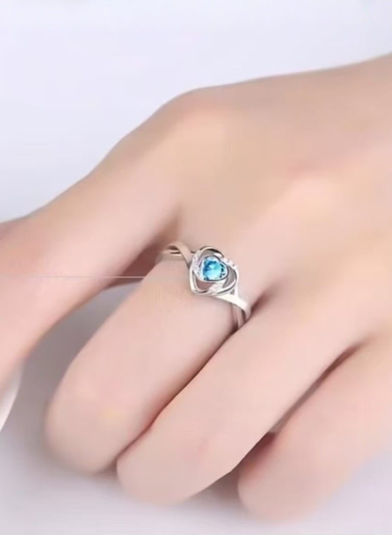 ممتاز خاتم ياقوت أزرق 0.5 قيراط مفتوح للسيدات، فضة 925، تصميم هالو على شكل قلب - Image 3