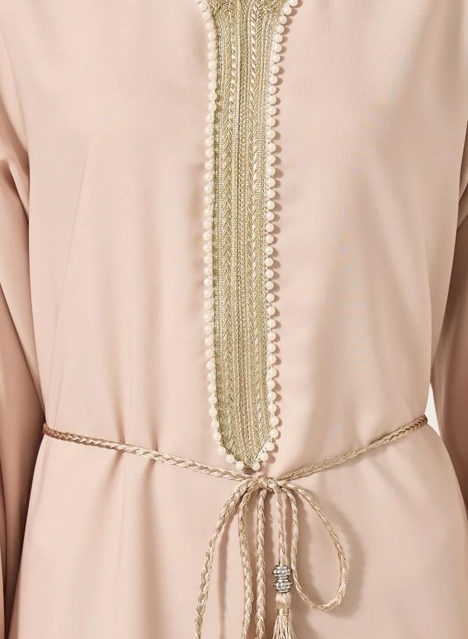 Styli Satin Lace Trim Detail Waist Tie-Up A-Line Jalabyia
