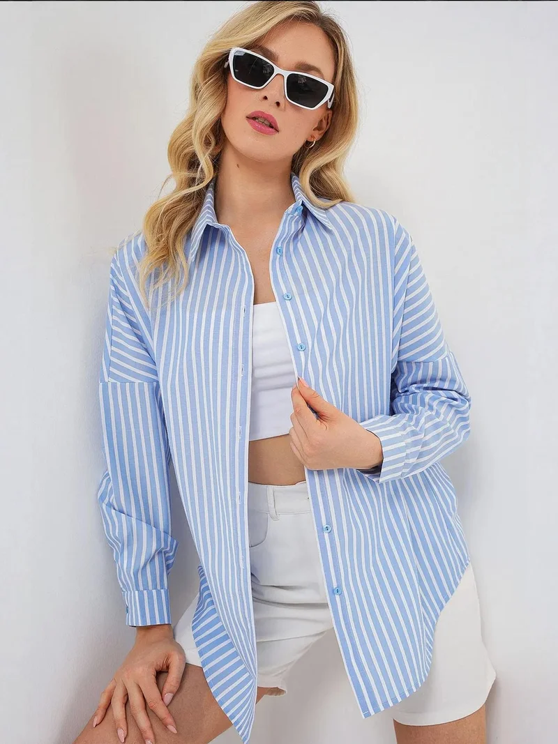 بيغ دارت قميص بوبلين مخطط كبير الحجم مبطن من