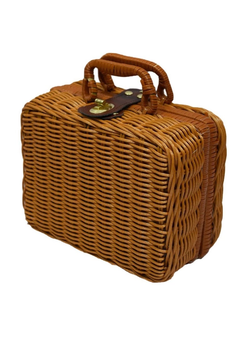 Generic Picnic Basket, Liner Rattan Storage Basket Vintage Rattan Handbag Rustic Picnic Basket Makeup Storage Case for Camping, Wedding, Gift  - Image 1