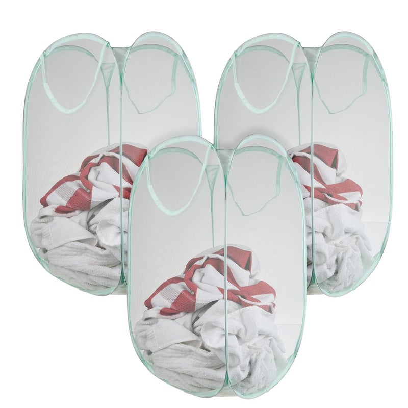 Kuber Industries Laundry Basket For Clothes|Foldable Pop-Up Laundry Bag|Netted Lightweight Toys Organizer|Reinforced Handles "20"LTR|Pack of 3 (Green) - Image 1