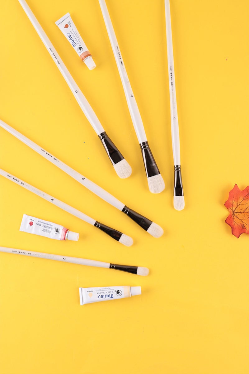 erorex 6 pcs Short rod flat head wool set watercolor oil brush soft hair painting brush children's begin... - Image 3