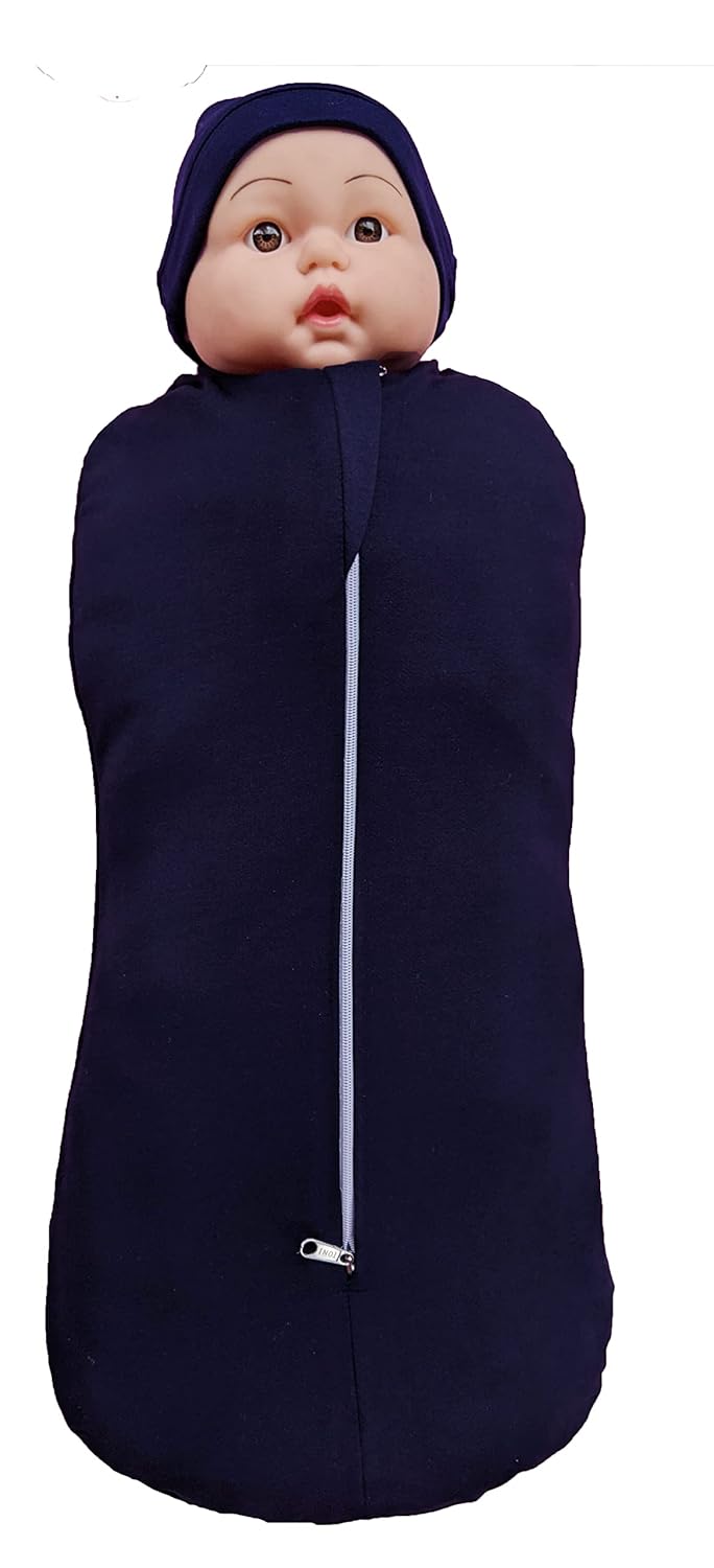 MammaChamp New Born Baby Zip POD with CapSwaddleSpandex Sleeping BagSack BlanketsPlain Blue Color 04Months Pack of 1 - Image 1