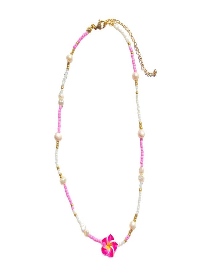 Pingyongchang Hawaiian Plumeria Beads Choker Necklace Bohemian Flower Handmade Beaded Choker Necklace for Women Summer Beach Necklace Holiday Vacation Party Jewelry Gift-Pink - Image 1