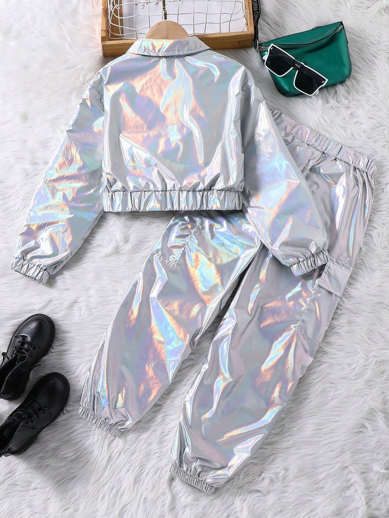 WDIRARA Girl's 2 Piece Holographic Outfit Flap Pocket Zip Up Jacket and Elastic Waist Pants Set Silver 11-12Y - Image 2