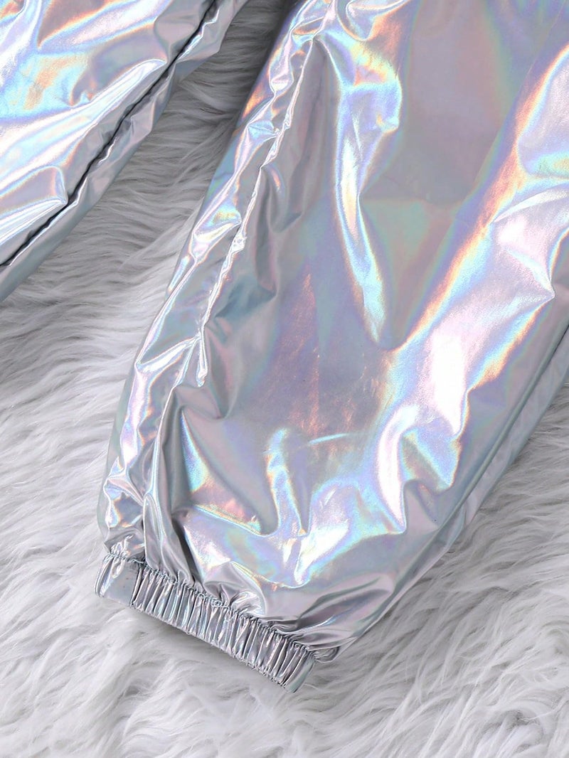 WDIRARA Girl's 2 Piece Holographic Outfit Flap Pocket Zip Up Jacket and Elastic Waist Pants Set Silver 11-12Y - Image 3