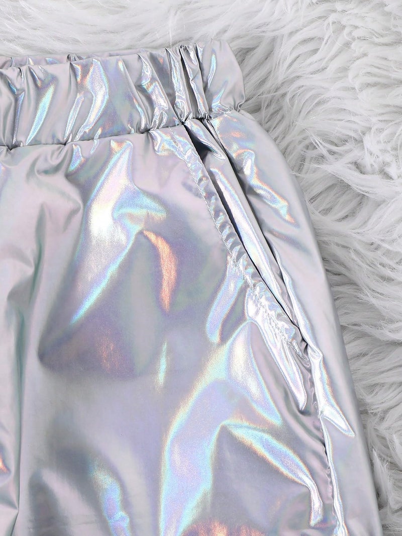 WDIRARA Girl's 2 Piece Holographic Outfit Flap Pocket Zip Up Jacket and Elastic Waist Pants Set Silver 11-12Y - Image 5