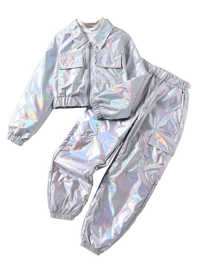 WDIRARA Girl's 2 Piece Holographic Outfit Flap Pocket Zip Up Jacket and Elastic Waist Pants Set Silver 11-12Y - Image 1