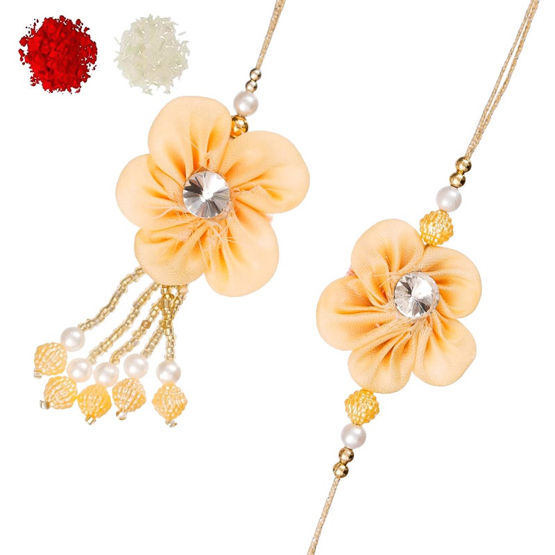 iinfinize Fancy Lumba Rakhi Set For Bhaiya Bhabhi | Beautifully Crafted Premium Rakhis | Floral Kundan Pearl Work Couple Paor Raakhi | Raksha Bandhan Rakhis With Roli Chawal - Image 1